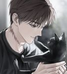  1boy adam&#039;s_apple animal black_cat black_shirt brown_hair cat character_request closed_mouth collarbone commentary_request copyright_request crew_neck fingernails grey_eyes highres holding holding_animal holding_cat korean_commentary looking_at_animal male_focus parted_hair paw_up scar scar_on_neck shirt short_hair smile solo t-shirt upper_body zco111 
