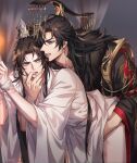  2boys absurdres bdsm bent_over biting biting_ear black_hair black_hanfu blue_eyes blush bondage bound bound_wrists breathing brown_hair bruise chinese_clothes chu_wanning clothes_lift cowboy_shot dragon_print earrings erha_he_tadebai_mao_shizun finger_in_another&#039;s_mouth fur-trimmed_robe fur_trim furrowed_brow half_updo hand_under_clothes hanfu high_ponytail highres injury jewelry long_hair long_sleeves looking_at_another male_focus mo_ran multiple_boys no_pants open_clothes open_mouth ponytail purple_eyes robe saliva stud_earrings taxian-jun teeth tongue white_hanfu wide_sleeves xiao_guan_(headdress) yaoi zehel_az 