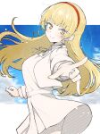  1girl \m/ ass_peek blonde_hair blue_sky blunt_bangs breasts collared_shirt commentary curled_fingers dress dress_shirt green_eyes greyscale_with_colored_background hairband heanna_sumire highres jacket katsuragi_(webmaster909) letterboxed love_live! love_live!_superstar!! medium_breasts neck_ribbon open_clothes open_jacket outside_border pinafore_dress pleated_dress red_hairband ribbon school_uniform shirt short_dress sky sleeveless sleeveless_dress solo spot_color twitter_username winter_uniform yuigaoka_school_uniform 