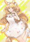 1girl :d absurdres animal_ears arknights blemishine_(arknights) blush bow brown_eyes brown_hair brown_tail commentary dress full_body fumi_(rdbm) hand_up hat highres long_hair looking_at_viewer mini_hat mini_top_hat open_mouth orange_outline outline sleeveless sleeveless_dress smile solo tail top_hat white_bow white_dress white_hat wristband 