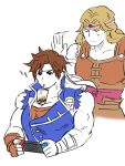  2boys blonde_hair brown_hair bubble_tea bubble_tea_challenge castlevania chop circlet drink drinking drinking_straw male_focus meme multiple_boys nintendo_switch object_on_pectorald pectorals playing_games richter_belmondo simon_belmondo simple_background super_smash_bros. torn_clothes torn_sleeves white_background 