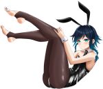  1boy alternate_costume animal_ears aqua_eyes bare_shoulders black_leggings black_leotard black_necktie blue_hair blush braid collarbone commentary detached_collar english_commentary fake_animal_ears feet full_body genshin_impact gradient_hair immortalboobs knees_together_feet_apart leggings legs leotard long_legs looking_at_viewer male_focus multicolored_hair nail_polish necktie no_shoes paid_reward_available playboy_bunny rabbit_ears short_hair_with_long_locks simple_background soles solo stirrup_legwear strapless strapless_leotard thighs toeless_legwear toenail_polish toenails toes trap venti_(genshin_impact) white_background white_wrist_cuffs wrist_cuffs 