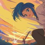  1girl black_thighhighs blue_hair casual cloud cloudy_sky crane_(machine) cut_bangs day hashtag-only_commentary highres hirogaru_sky!_precure long_sleeves looking_at_viewer looking_back medium_hair open_mouth orange_sky outdoors precure selfie semham shirt side_ponytail single_sidelock sitting sky smile solo sora_harewataru sunset t-shirt thighhighs white_shirt 