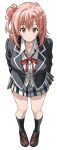  1girl absurdres black_jacket black_socks blazer blush breasts brown_eyes brown_shoes cleavage closed_mouth collared_shirt commentary_request full_body grey_skirt hair_bun highres jacket large_breasts loafers long_hair long_sleeves looking_at_viewer neck_ribbon open_clothes open_jacket pink_hair plaid_clothes plaid_skirt pleated_skirt red_ribbon ribbon school_uniform shirt shoes sidelocks simple_background single_hair_bun skirt smile socks solo standing white_background white_shirt yahari_ore_no_seishun_lovecome_wa_machigatteiru. yuigahama_yui zaofeng 
