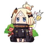  1girl abigail_williams_(fate/grand_order) balloon bangs black_bow black_jacket blonde_hair blue_eyes bow chibi commentary_request covered_mouth crossed_bandaids fate/grand_order fate_(series) fou_(fate/grand_order) full_body hair_bow hair_bun heroic_spirit_traveling_outfit jacket long_hair long_sleeves looking_at_viewer lowres medjed nisekaa-kun orange_bow parted_bangs sleeves_past_fingers sleeves_past_wrists solo standing stuffed_animal stuffed_toy teddy_bear tree white_background 