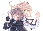  2girls black_coat black_necktie blonde_hair blue_eyes closed_eyes coat dutch_angle emptyayya grey_hair highres jacket long_hair milestone_celebration multiple_girls necktie one_eye_closed simple_background sky_striker_ace_-_raye sky_striker_ace_-_roze upper_body white_background white_jacket yu-gi-oh! 