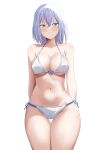  1girl absurdres arms_behind_back bang_dream! bikini blue_eyes blush breasts commentary embarrassed highres kurata_mashiro large_breasts looking_at_viewer navel ranae3115 short_hair simple_background sitting solo standing swimsuit white_background white_bikini white_hair 