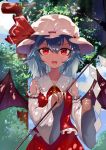  1girl :d ascot bangs bare_shoulders bat_wings blue_hair blue_sky chinese_commentary clenched_hand cloud commentary_request cosplay cowboy_shot day detached_sleeves frilled_shirt_collar frills gohei hair_between_eyes hakurei_reimu hakurei_reimu_(cosplay) hat hat_ribbon highres holding long_sleeves looking_at_viewer mob_cap open_mouth outdoors red_eyes red_ribbon red_skirt remilia_scarlet ribbon ribbon-trimmed_sleeves ribbon_trim short_hair skirt skirt_set sky smile snozaki solo touhou tree white_headwear wide_sleeves wings yellow_neckwear 