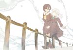  2girls aqua_neckerchief black_pantyhose black_socks breasts brown_dress brown_hair brown_shoes ceras_yanagida_lilienfeld churhami closed_mouth dress edel_note eye_contact full_body grey_hair hair_ornament hair_ribbon hasu_no_sora_school_uniform highres katsuragi_izumi link!_like!_love_live! loafers long_hair long_sleeves looking_at_another love_live! mary_janes medium_breasts medium_dress multiple_girls neckerchief pantyhose pink_ribbon pleated_dress ribbon sailor_collar sailor_dress school_uniform shoes smile socks triangle_hair_ornament v-shaped_eyebrows virtual_youtuber walking white_background white_sailor_collar winter_uniform wolf_cut yellow_neckerchief 