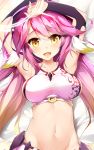  1girl armpits bed_sheet blush breasts bridal_gauntlets crop_top dakimakura gloves gradient_hair halo happy highres jibril_(no_game_no_life) large_breasts long_hair lying magic_circle midriff multicolored_hair navel no_game_no_life on_back open_mouth pink_hair shuffle_(songdatiankong) smile solo source_request stomach very_long_hair wing_ears yellow_eyes 