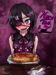  1girl :d artist_name bangs bare_arms bare_shoulders black_eyes black_hair black_shirt blush english_text eyepatch food fork frilled_shirt_collar frills fukasugi_aiko hair_between_eyes hair_ornament hairclip happy happy_birthday heart heart-shaped_pupils heart_background heart_eyepatch heart_hair_ornament looking_at_viewer lovestruck nose_blush open_mouth original pie plate ray-k shirt short_hair signature sleeveless sleeveless_shirt smile solo symbol-shaped_pupils 