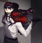  1boy 1girl abduction amagi_yukiko armbinder ball_gag bdsm black_hair black_skirt bondage bound bra breasts cad_(caddo) carrying carrying_person commission gag highres kidnapped kidnapping miniskirt peril persona persona_5 red_shirt second-party_source shirt skirt underwear white_bra 