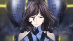 1girl bare_shoulders blood blood_drip blood_from_forehead blood_on_face blue_bodysuit bodysuit brown_eyes brown_hair clothing_cutout collarbone exoskeleton floating_hair frown fukuda_tomonori game_cg hair_over_shoulder high_collar highres indoors lipstick long_hair looking_at_viewer makeup mature_female mecha_interior mecha_pilot_suit narrowed_eyes non-web_source official_art parted_bangs pilot piloting red_lips robotics;notes senomiya_misaki serious shiny_lips shoulder_cutout sitting skin_tight smoke solo vertical-striped_bodysuit 