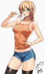  1girl absurdres aqua_eyes armpit_crease bare_arms black_thighhighs blonde_hair blue_shorts blush breasts camisole commentary_request food hair_between_eyes hand_on_own_hip highres holding holding_food holding_popsicle kamimura_chika looking_at_viewer medium_breasts melting_popsicle open_mouth orange_camisole panties panty_peek perky_breasts popsicle shorts signature simple_background sisters_~natsu_no_saigo_no_hi~ solo sweat thighhighs thighs two_side_up underwear white_background white_panties yoo_tenchi 