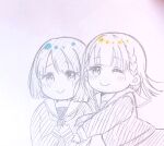  2girls ;) blush c: closed_mouth commentary graphite_(medium) greyscale hasu_no_sora_school_uniform hatching_(texture) highres hug hug_from_behind kachimachi_kosuzu linear_hatching link!_like!_love_live! long_sleeves love_live! momose_ginko monochrome multiple_girls neckerchief one_eye_closed sailor_collar school_uniform smile spot_color traditional_media upper_body virtual_youtuber wataame._(rubytan_25) winter_uniform 