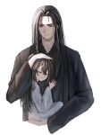  2boys black_eyes black_hair black_hanfu carrying carrying_person chinese_clothes closed_eyes commentary_request crossed_bangs curtained_hair double-parted_bangs expressionless hand_on_another&#039;s_chest hanfu highres hong_lu_(project_moon) jia_qiu_(project_moon) korean_commentary limbus_company looking_at_another male_focus multiple_boys project_moon ranyo0680 robe scar scar_on_face seiza sitting sitting_on_hand upper_body white_background white_robe 