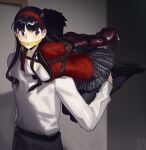  1boy 1girl abduction amagi_yukiko armbinder bdsm black_hair black_skirt bondage bound bra breasts cad_(caddo) carrying carrying_person cleave_gag cloth_gag commission gag gagged hairband highres improvised_gag kidnapped kidnapping miniskirt peril persona persona_5 red_hairband red_shirt second-party_source shirt skirt underwear white_bra 