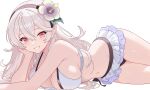  1girl absurdres armpit_crease bare_arms bare_shoulders bikini bikini_skirt breasts cleavage female_corrin_(fire_emblem) female_corrin_(novice_vacationer)_(fire_emblem) fire_emblem fire_emblem_fates fire_emblem_heroes flower grin hair_between_eyes hair_flower hair_ornament hairband halterneck head_rest highres large_breasts long_hair looking_at_viewer lying miniskirt n_54 navel official_alternate_costume on_stomach pointy_ears red_eyes simple_background skindentation skirt smile solo stomach swimsuit thighs white_background white_bikini white_hair white_skirt 