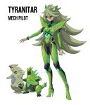  1girl absurdres armor black_bodysuit black_sclera bodysuit breasts character_name colored_sclera creature_and_personification expressionless eyelashes full_body green_bodysuit green_eyes green_hair green_horns hand_up high_heels highres horns humanization iron_thorns long_hair mecha_pilot_suit neon_trim official_art_inset outstretched_hand pauldrons personification pokemon reference_inset rhymewithray shoulder_armor solo spiked_hair standing two-tone_bodysuit tyranitar 