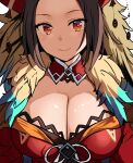  1girl belko black_hair breasts cleavage closed_mouth emerald_(romancing_saga_2) eyelashes hat hat_ornament highres large_breasts looking_at_viewer red_eyes red_hat romancing_saga_2 saga simple_background solo upper_body white_background 