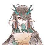  1girl alternate_costume aqua_hair arknights black_hair chinese_commentary closed_mouth colored_extremities commentary_request dragon_girl dragon_horns dusk_(arknights) earrings hair_over_one_eye hand_on_own_chin holding horns jewelry jianbing_guozi long_hair looking_down multicolored_hair one_eye_covered paper_texture pointy_ears reading red_eyes solo streaked_hair upper_body 