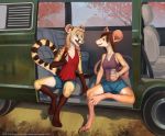  anthro autumn barefoot blue_eyes bottomwear braided_hair breasts brown_eyes car clothed clothing di19826 dialogue duo eye_contact female fur genet grass hair hindpaw looking_at_another mammal mouse murid murine open_mouth paws rodent shirt shorts sitting small_breasts smile spots spotted_fur tank_top topwear tree van vehicle viverrid 