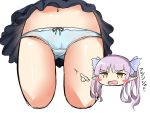  1girl ass_visible_through_thighs bangs blue_bow blue_panties blush_stickers bow bow_panties brown_eyes chibi chibi_inset cropped_torso eyebrows_visible_through_hair hair_between_eyes hair_bow highres hikawa_kyoka long_hair moyoron navel open_mouth panties pointing princess_connect! princess_connect!_re:dive purple_hair simple_background tears translation_request twintails underwear v-shaped_eyebrows wavy_mouth white_background 