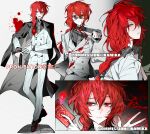  1boy black_boots black_coat black_necktie black_shirt blood blood_on_clothes blood_on_weapon blood_splatter boots braid buttons card character_chart close-up coat coat_on_shoulders collage collared_shirt commission double-breasted dress_shoes fire formal_clothes from_side full_body gloves glowing glowing_card glowing_eyes grin half-closed_eyes highres holding holding_card holding_knife holding_weapon kamika knife long_bangs long_coat long_hair looking_at_viewer looking_down male_focus messy_hair multiple_views necktie original pants ponytail portrait profile red_eyes red_hair reference_sheet shirt sidelocks single_braid smile smirk solo standing striped_clothes striped_shirt suit sunglasses upper_body v vest waistcoat watermark weapon white_gloves white_pants white_suit 