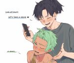  2boys bangs_pinned_back black_hair cellphone_charm charm_(object) closed_eyes commentary cove_holden curtained_hair english_commentary english_text flustered green_eyes green_hair grin holding holding_phone jewelry main_character_(our_life) multiple_boys one_eye_closed our_life:_beginnings_and_always outstretched_hand phone ring ryuuieu smile tank_top upper_body white_background 