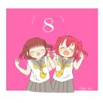  2girls :3 :d :o ^^^ animification border clenched_hands closed_eyes commentary countdown facing_viewer furihata_ai ganbaru_pose grey_sailor_collar grey_skirt kase_(ks_lys) kurosawa_ruby love_live! love_live!_sunshine!! medium_hair multiple_girls neckerchief open_mouth outside_border pink_background pleated_skirt real_life red_hair sailor_collar school_uniform serafuku shirt simple_background skirt sleeveless sleeveless_shirt smile summer_uniform tie_clip twitter_username two_side_up uranohoshi_school_uniform voice_actor voice_actor_connection white_border white_shirt yellow_neckerchief 