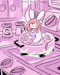  4:5 anthro clothing egg_timer female fire food hair hi_res in_food kitchen lagomorph leporid lingerie looking_at_viewer mammal micro partially_submerged pepper_shaker rabbit red_hair restricted_palette salt_shaker solo sonnytherat soup spatula stovetop teddy_(clothing) tools 