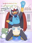 3:4 accipitrid accipitriform alphabet alphabet_chart anthro avealrykun avian back_wings beak bib bird black_eyes blue_and_white_diaper_fastener blue_and_white_fastener blue_bib blue_booties blue_cere blue_clothing blue_diaper_fastener blue_fastener blue_handwear blue_mittens blue_pacifier blue_tail blue_tail_feathers blue_tail_tip blush blush_stickers booties braviary cabinet caretaker caretaking cere_(anatomy) clean_diaper cloth_diaper clothed clothing detailed_background dialogue diaper diaper_fastener diaper_fetish digital_drawing_(artwork) digital_media_(artwork) dipstick_tail eagle english_text exclamation_point fan_character fan_tail fastener feather_hair feathered_crest feathered_wings feathers front_view furgonomic_pacifier furgonomics generation_5_pokemon glistening glistening_eyes grey_arms grey_body grey_cord grey_face grey_feathers grey_legs grey_wings handwear head_crest hi_res hungry interrobang kneeling male markings mittens multicolored_body multicolored_tail multicolored_tail_feathers nado_soarian navel nintendo offscreen_character open_beak open_cabinet open_mouth pacifier pacifier_clip pacifier_cord pastel_background pastel_theme pink_background playpen plushie pointy_speech_bubble pokemon pokemon_(species) pokemorph pseudo_hair purple_background purple_floor question_mark rainbow_colors raised_arm reaching reaching_towards_another red_arms red_back red_body red_feathered_crest red_feathers red_wings scuted_arms scuted_legs scutes simple_background solo speech_bubble substitute_doll tail tail_feathers tail_markings talking_to_another tan_cloth_diaper tan_feather_hair text tongue wall_(structure) wearing_diaper white_diaper_fastener white_fastener white_feathered_crest wings yelling yellow_arms yellow_beak yellow_legs yellow_tail yellow_tail_feathers