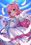  1girl ascot blue_bow bow braid brooch center_frills commentary cowboy_shot crown_braid cure_prism dress dress_bow earrings elbow_gloves feathers foreshortening frills glove_bow gloves green_eyes grin hair_bow highres hirogaru_sky!_precure holding jewelry layered_dress long_hair looking_at_viewer magical_girl medium_dress nijigaoka_mashiro pink_hair precure reaching reaching_towards_viewer shrimp1634 side_braids sky_mirage sleeveless sleeveless_dress smile solo sparkle standing very_long_hair white_ascot white_bow white_dress white_feathers white_gloves wing_brooch 