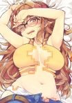  1girl ahoge bangs bed_sheet blush breasts brown_eyes brown_hair denim dissolving_clothes fate/extra fate/extra_ccc fate_(series) glasses hand_on_own_forehead jeans jinako_carigiri large_breasts long_hair looking_at_viewer lying messy_hair navel on_back one_eye_closed open_mouth panties pants solo tank_top tears underwear white_panties yuzuki_gao 