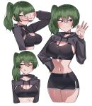  :&gt; :3 alternate_costume black_shorts black_shrug black_sports_bra blush breasts commentary contemporary cropped_legs cropped_torso dolphin_shorts drawstring english_commentary green_hair highres hood hood_down hooded_shrug large_breasts licking_lips long_sleeves looking_at_viewer multiple_views navel purple_eyes shorts shrug_(clothing) side_ponytail sousou_no_frieren sports_bra ti_keep tongue tongue_out ubel_(sousou_no_frieren) 