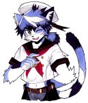  1boy animal_ears arm_behind_back blush cat_boy cat_ears cat_tail commentary_request fang furry furry_male hat highres joezen_(live_a_hero) live_a_hero looking_at_viewer male_focus one_eye_closed open_mouth pawpads ponytail sailor_collar sailor_hat sailor_shirt shinta_(brougham) shirt smile tail traditional_media whiskers white_background 