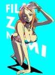  1girl arm_support bangle bare_legs bare_shoulders barefoot bikini blue_background bracelet breasts brown_eyes character_name cleavage commentary_request earrings eyewear_on_head full_body hand_up hanging_breasts jewelry kneeling kyakya large_breasts long_hair looking_at_viewer multicolored_bikini nami_(one_piece) necklace official_alternate_costume one_eye_closed one_piece one_piece_film:_z orange_hair parted_lips pearl_earrings side-tie_bikini_bottom single_sidelock solo sunglasses swimsuit wavy_hair white-framed_eyewear 