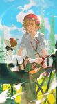  1girl :d absurdres apple apple_(reverse:1999) beret black_bow black_bowtie blue_sky bow bowtie breast_pocket brown_hair clothes_around_waist cloud day feet_out_of_frame food fruit glasses green_pants hat headphones highres holding holding_paper id_card lanyard object_in_pocket official_alternate_costume orange_eyes outdoors pants paper paper_roll pen_in_pocket pocket red_hat regulus_(reverse:1999) reverse:1999 shirt short_hair short_sleeves sitting sky smile solo traditional_bowtie tree white_shirt yi_fen_ta 