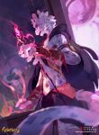 anthro bandage bandaged_arm black_cape black_clothing cape carbonizedaki clothed clothing felid fur grey_markings hi_res holding_object holding_staff looking_at_viewer magic_user male mammal markings navel open_mouth red_eyes solo staff white_body white_fur