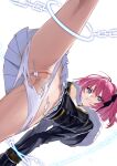  1girl absurdres annoyed blue_eyes bound breasts chain cleavage cleft_of_venus closers commission from_below fur_trim hair_between_eyes highres looking_down medium_breasts medium_hair nipple_slip nipples panties pantyshot pink_hair pixiv_commission pleated_skirt pussy restrained seulbi_lee simple_background skirt spread_legs straydogshelter tied_up_(nonsexual) torn_clothes torn_panties underwear upskirt white_background white_panties white_skirt 