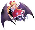  1girl alphes_(style) bat_wings black_shoes black_vest black_wings blonde_hair blush bow bowtie bruise closed_mouth commentary_request dairi elis_(touhou) facial_mark flower frilled_skirt frills full_body hair_bow hair_flower hair_ornament injury loafers long_hair long_sleeves looking_at_viewer mark_under_eye one_eye_closed open_clothes open_vest pantyhose parody pointy_ears purple_eyes red_bow red_bowtie red_flower red_skirt shirt shoes simple_background skirt solo star_(symbol) star_facial_mark style_parody tachi-e torn_bow torn_clothes torn_shirt torn_skirt touhou touhou_(pc-98) transparent_background very_long_hair vest white_pantyhose white_shirt wings 