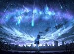  1girl angel_wings apocalypse artist_name black_hair black_sailor_collar black_shoes black_skirt building chinese_commentary city cityscape closed_mouth cloud commentary_request floating_hair grass grey_socks highres hkcutie leg_up light_smile loafers long_hair long_sleeves messy_hair meteor milky_way miniskirt neckerchief night night_sky original outstretched_arms palms parted_bangs pleated_skirt red_neckerchief sailor_collar school_uniform serafuku shirt shoes signature skirt sky sky_focus skyscraper socks spread_arms standing standing_on_one_leg star_(sky) starry_sky straight_hair transparent_wings very_long_hair white_shirt wide_shot wings 