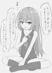  1girl absurdres arrow_(symbol) bare_arms bare_shoulders collarbone commentary_request covered_navel full_body grey_background greyscale grin highres indian_style kneehighs long_hair looking_at_viewer monochrome no_shoes old_school_swimsuit original school_swimsuit simple_background sitting smile socks solo swimsuit takasuma_hiro translation_request very_long_hair 