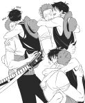 +++ 2boys anger_vein arms_around_neck bare_shoulders blush evrinuk fingernails fur-trimmed_shorts fur_trim grin hand_on_another&#039;s_head hand_on_another&#039;s_neck highres laughing leg_wrap looking_to_the_side low-cut_armhole male_focus monkey_d._luffy multiple_boys multiple_views one_piece open_mouth pants roronoa_zoro scar scar_on_cheek scar_on_face shirt short_hair short_sideburns short_sleeves shorts sideways_glance simple_background sleeveless smile sword t-shirt teeth upper_teeth_only vest weapon white_background yaoi 