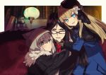  1boy 2girls black_eyes black_hair black_headwear black_suit blonde_hair blue_dress blue_eyes blush book cloak closed_mouth commentary_request dress eyebrows_visible_through_hair fangs fate_(series) flower formal fur-trimmed_cloak fur_trim glasses gloves gray_(lord_el-melloi_ii) green_eyes grey_hair hair_between_eyes hair_flower hair_ornament hand_on_another&#039;s_chin hat highres hood hood_up hooded_cloak hug long_hair looking_at_viewer lord_el-melloi_ii lord_el-melloi_ii_case_files mini_hat multiple_girls necktie parted_lips red_neckwear reines_el-melloi_archisorte scarf short_hair sitting smile suit teeth twitter_username waver_velvet white_flower yanagiba_kiriko 