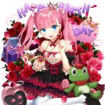  1girl akane_garnet aqua_eyes black_shoes box breasts crown dress flower gift gift_box jewelry long_hair mini_crown necklace off-shoulder_dress off_shoulder open_mouth pantyhose pink_hair red_flower red_rose rose salt_(salty) shoes twintails uchi_no_hime-sama_ga_ichiban_kawaii white_pantyhose 