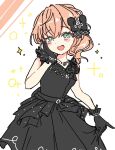  1girl :d bare_shoulders black_bow black_dress black_gloves blush bow commentary_request cowboy_shot crossed_bangs dress frilled_gloves frills gloves green_eyes hair_bow hair_ornament hand_on_own_cheek hand_on_own_face highres hinoshita_kaho hinoshita_kaho_(17th_birthday) kokontozai310 korean_commentary link!_like!_love_live! looking_at_viewer love_live! medium_hair official_alternate_costume open_mouth orange_hair pleated_dress ponytail rabbit_hair_ornament skirt_hold sleeveless sleeveless_dress smile solo sparkle virtual_youtuber white_background 