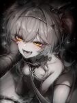 1girl breasts chinese_commentary collar commentary_request fangs greyscale hairband heart heart-shaped_pupils heart_in_eye highres kupa_(jesterwii) leash long_hair lupa_(wuthering_waves) monochrome open_mouth paid_reward_available pov pov_hands small_breasts solo_focus spot_color symbol-shaped_pupils symbol_in_eye thighhighs tongue tongue_out twintails wuthering_waves yellow_eyes 