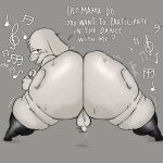 1:1 anothercat anthro asriel_dreemurr balls big_butt bodily_fluids bovid butt caprine clothing dancing dialogue femboy fur genitals goat huge_butt legwear looking_at_viewer male mammal musical_note musical_symbol nude penis rear_view small_balls small_penis smile solo spread_legs spreading standing stockings sweat sweaty_butt symbol thick_thighs undertale undertale_(series) white_body white_fur wide_hips