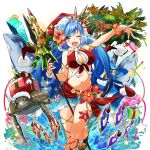  1girl ahoge bikini blue_eyes blue_hair blue_sarong box breasts dolphin fish flower gift gift_box hat holding holding_polearm holding_weapon large_breasts long_hair ocean_sunfish one_eye_closed open_mouth orca palm_tree polearm poseidon_(uchihime) red_flower rowe santa_bikini santa_costume santa_hat sarong see-through_clothes see-through_sarong shark side_ponytail swimsuit teeth tree turtle uchi_no_hime-sama_ga_ichiban_kawaii water weapon 